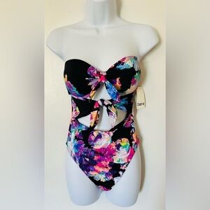 Bar III Women's M Floral Tie-Front Cutout Bandeau One-Piece Swimsuit NWT